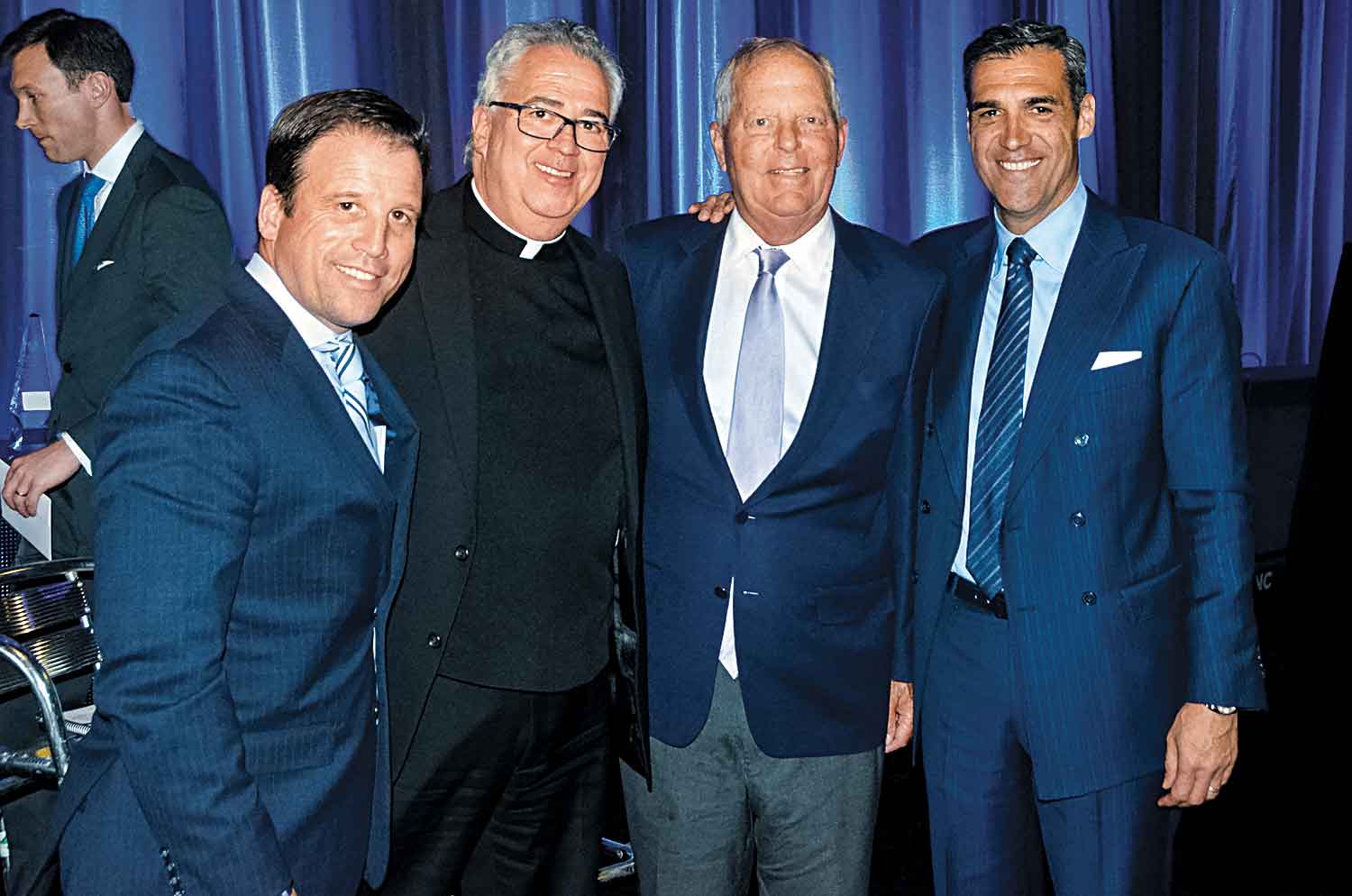 Mark Jackson (Director of Athletics); the Rev. Peter M. Donohue, OSA, PhD (Villanova University President); William B. Finneran ’63; Jay Wright (Head Basketball Coach)