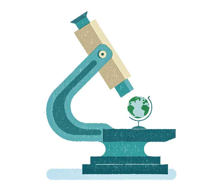 Illustration of a globe on a microscope