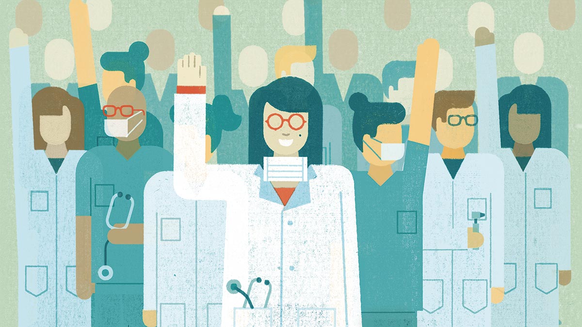 Illustration of a group of nurses with their hands raised