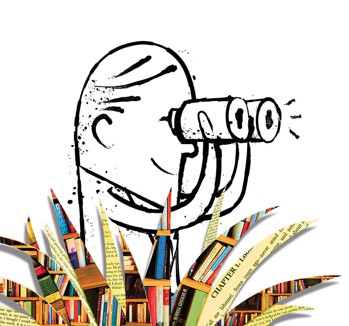 Illustration of man looking through binoculars in high grass that resembles book clippings.