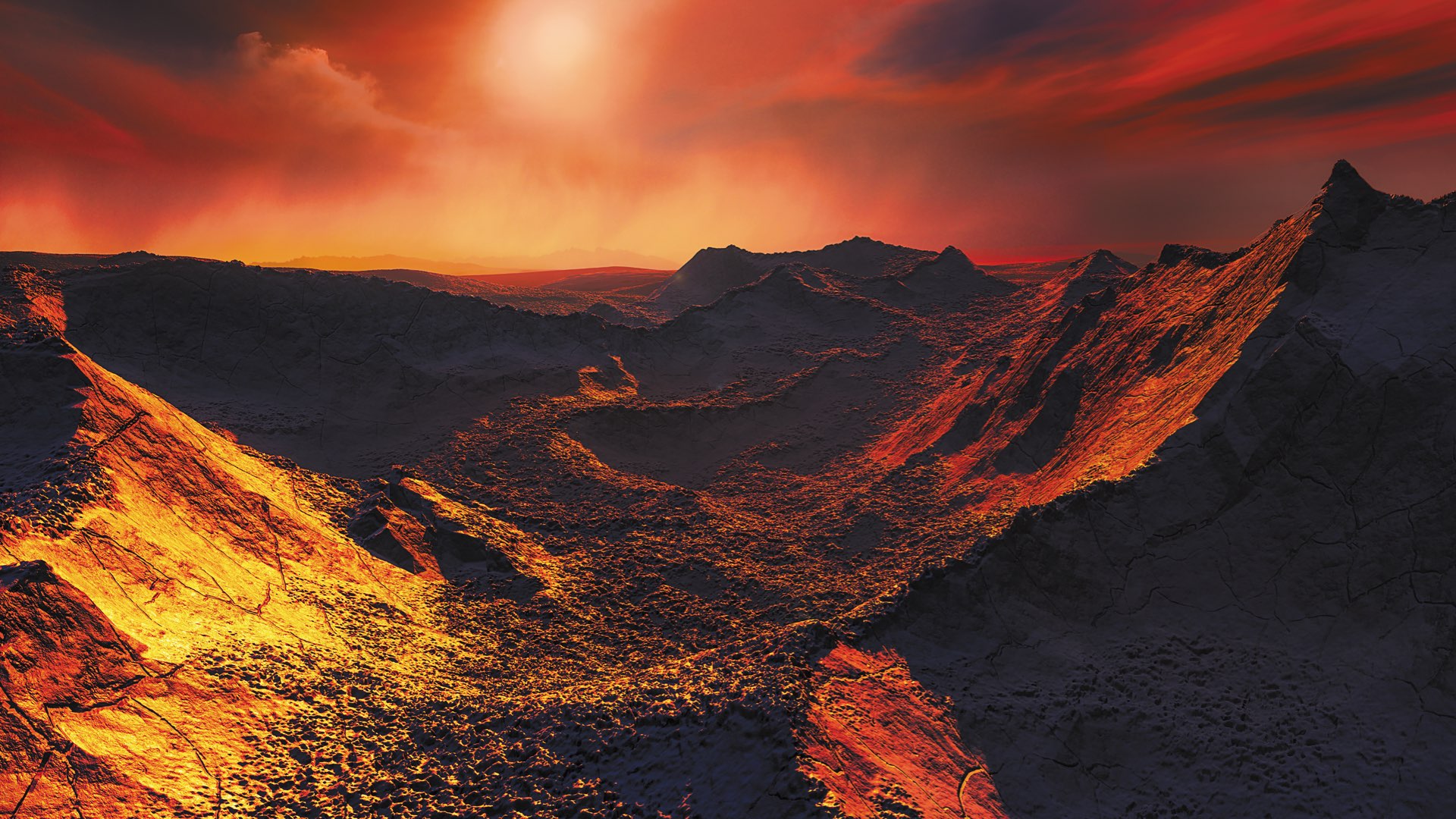 Artist’s impression of Barnard b, a rocky, mountainous landscape of with dusty red ridges under a pink cloudy sky