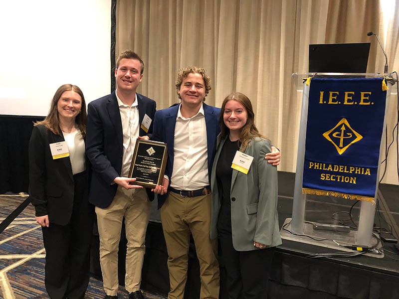 Reade Hauge ’24 CpE, Jacob Bruck ’24 CpE, Mark Cooper Lemley ’24 CpE, and Abaigeal Donoghue ’24 CpE have been honored with the 2024 Merrill Buckley Jr. Student Project Award by the Institute of Electrical and Electronics Engineers (IEEE) Philadelphia Section Reade Hauge ’24 CpE, Jacob Bruck ’24 CpE, Mark Cooper Lemley ’24 CpE, and Abaigeal Donoghue ’24 CpE have been honored with the 2024 Merrill Buckley Jr. Student Project Award by the Institute of Electrical and Electronics Engineers (IEEE) Philadelphia Section