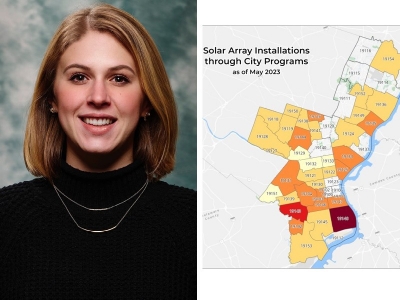 Charlotte Shade ’19 MS with a map she made in her role with Philadelphia’s Office of Sustainability, Charlotte Shade ’19 MS with a map she made in her role with Philadelphia’s Office of Sustainability,