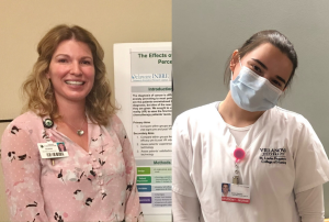 Susan Birkhoff_Sophie Snachez Dr Susan Birkhoff with research poster and student Sophie Sanchez in uniform