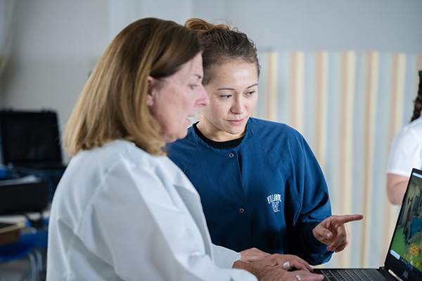 Nursing graduate student reviewing information on a laptop with a professor