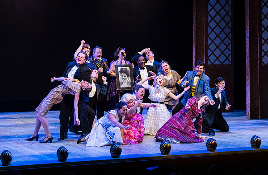 the cast of "Curtains," a musical set in 1959, perform on the stage in Villanova's Topper Theatre