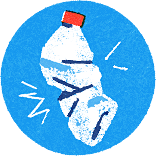 Illustration of a plastic bottle with a red cap on a blue background. 