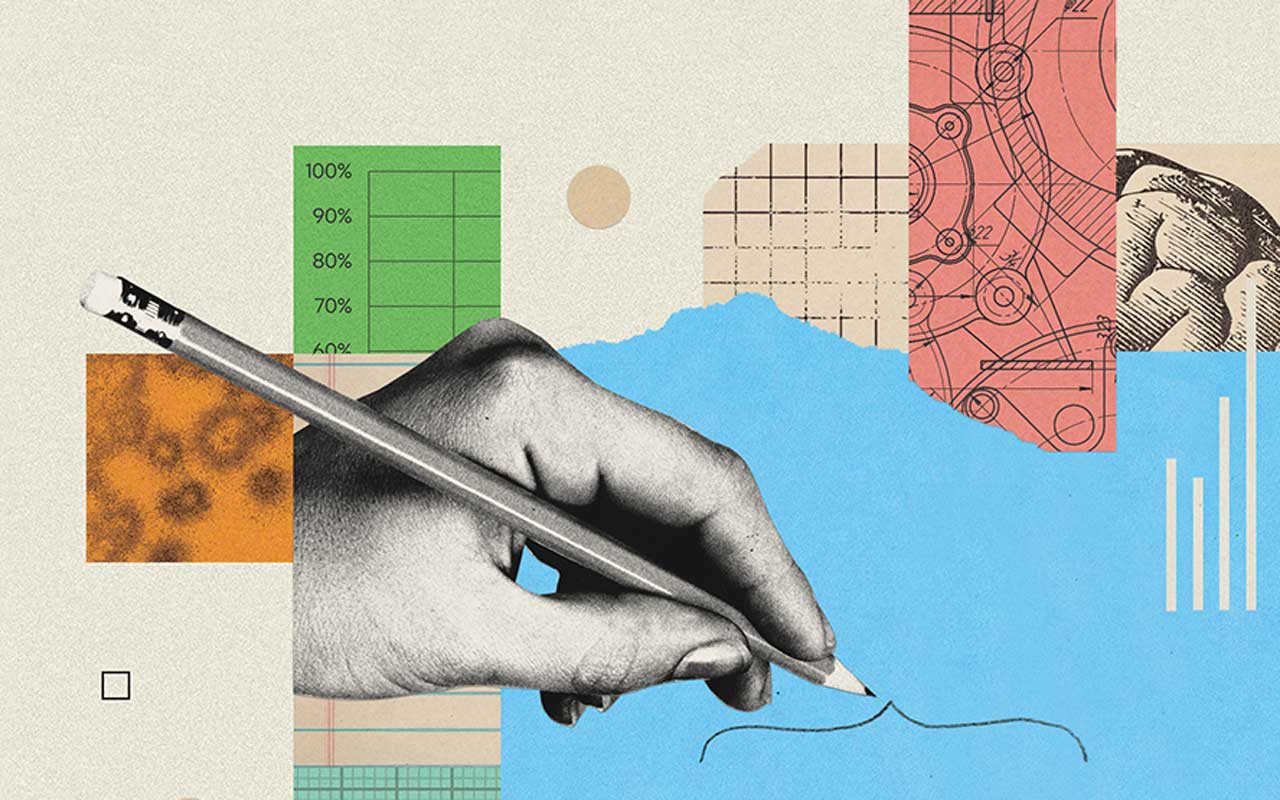 Collage of a hand holding a pencil surrounded by a brain, petri dish, and graph paper—symbolizing innovation.