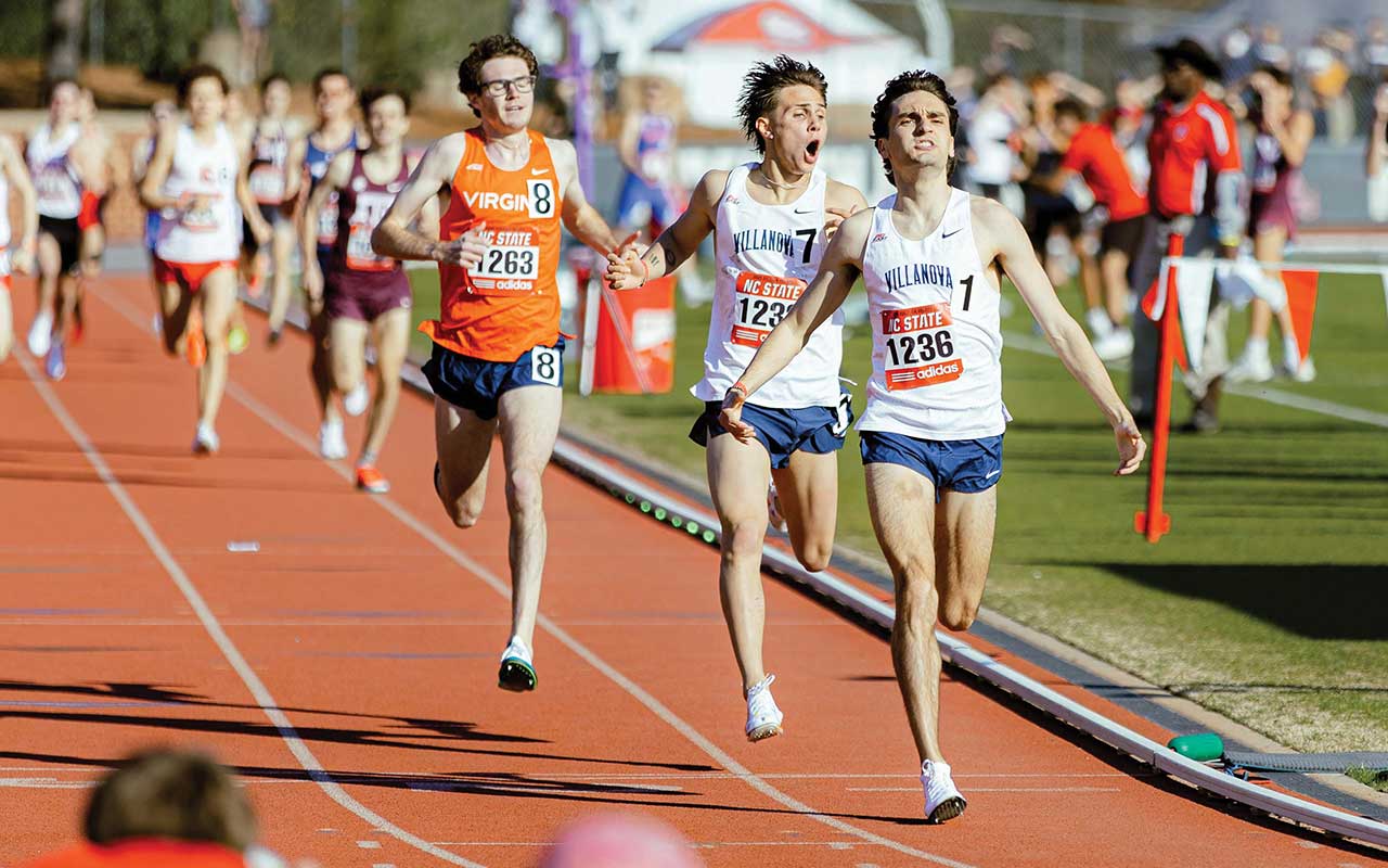 Two Villanova track athletes finishing in first and second place at the Raleigh Relays at North Carolina State.